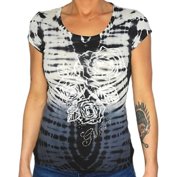 Guess Jeans Tie-Dye and Jewels Top Size X Small Black and White - Picture 1 of 3